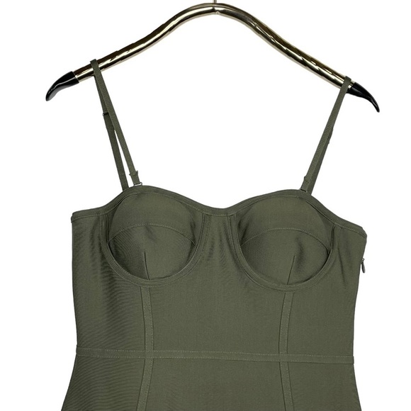 BEBE BUSTIER BODYCON OLIVE GREEN STRETCH MERMAID HEM MIDI DRESS - Picture 6 of 14